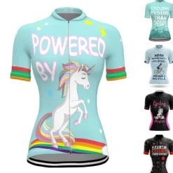 Women's Cycling Jersey Graphic Rainbow Unicorn Short Sleeve Bike Jersey Top with 3 Rear Pockets Mountain Bike MTB Road Bike Cycling Fast Dry Quick Dry Soft Reflective Strips Sports Rose Red + Black