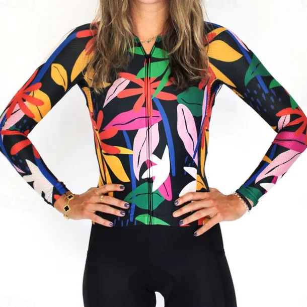 Women's Cycling Jersey Gradient Floral Botanical Long Sleeve Bike Jersey Top with 3 Rear Pockets Mountain Bike MTB Road Bike Cycling Quick Dry Reflective Strips Back Pocket Moisture Wicking Sports