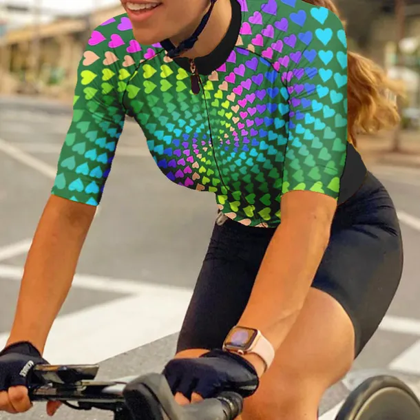 Women's Cycling Jersey Heart 3D Funny Short Sleeve Bike Jersey Top with 3 Rear Pockets Mountain Bike MTB Road Bike Cycling Quick Dry Reflective Strips Back Pocket Moisture Wicking Sports Yellow