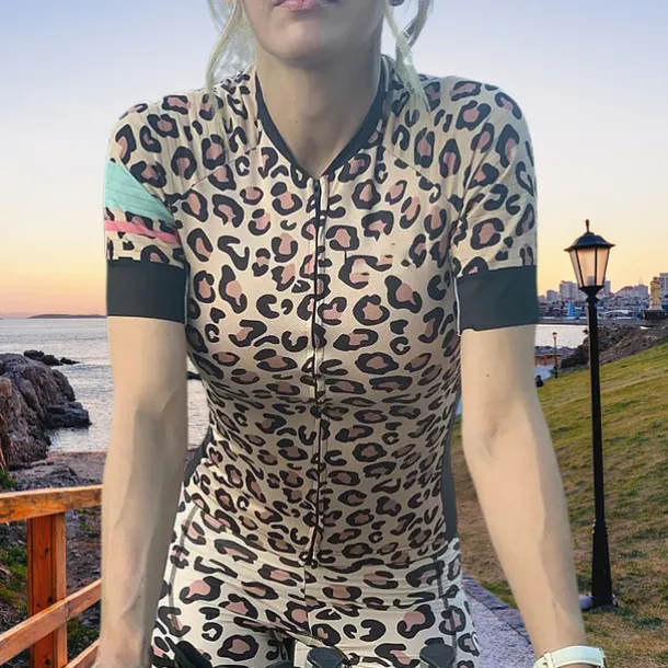 Women's Cycling Jersey Leopard Short Sleeve Bike Jersey Top with 3 Rear Pockets Mountain Bike MTB Road Bike Cycling Quick Dry Reflective Strips Back Pocket Moisture Wicking Sports Blue Brown Green