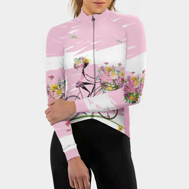 Women's Cycling Jersey Patterned Floral Botanical Flower Long Sleeve Bike Jersey Top with 3 Rear Pockets Mountain Bike MTB Road Bike Cycling Quick Dry Front Zipper Soft Back Pocket Sports White Pink