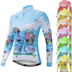 Women's Cycling Jersey Patterned Floral Botanical Flower Long Sleeve Bike Jersey Top with 3 Rear Pockets Mountain Bike MTB Road Bike Cycling Quick Dry Front Zipper Soft Back Pocket Sports White Pink