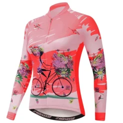 Women's Cycling Jersey Patterned Floral Botanical Flower Long Sleeve Bike Jersey Top with 3 Rear Pockets Mountain Bike MTB Road Bike Cycling Quick Dry Front Zipper Soft Back Pocket Sports White Pink