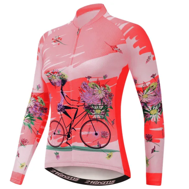 Women's Cycling Jersey Patterned Floral Botanical Flower Long Sleeve Bike Jersey Top with 3 Rear Pockets Mountain Bike MTB Road Bike Cycling Quick Dry Front Zipper Soft Back Pocket Sports White Pink