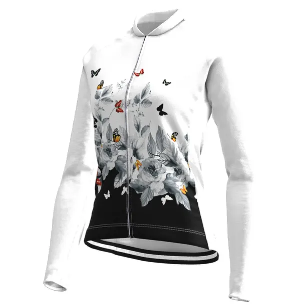 Women's Cycling Jersey Patterned Floral Botanical Flower Long Sleeve Bike Jersey Top with 3 Rear Pockets Mountain Bike MTB Road Bike Cycling Quick Dry Front Zipper Soft Back Pocket Sports White Pink