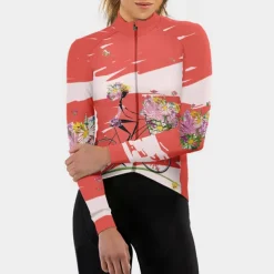 Women's Cycling Jersey Patterned Floral Botanical Flower Long Sleeve Bike Jersey Top with 3 Rear Pockets Mountain Bike MTB Road Bike Cycling Quick Dry Front Zipper Soft Back Pocket Sports White Pink