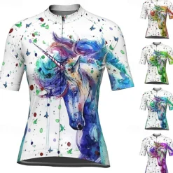 Women's Cycling Jersey Unicorn Short Sleeve Bike Jersey Top with 3 Rear Pockets Mountain Bike MTB Road Bike Cycling Quick Dry Reflective Strips Back Pocket Moisture Wicking Sports White Blue Purple