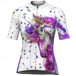 Women's Cycling Jersey Unicorn Short Sleeve Bike Jersey Top with 3 Rear Pockets Mountain Bike MTB Road Bike Cycling Quick Dry Reflective Strips Back Pocket Moisture Wicking Sports White Blue Purple