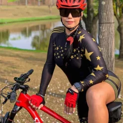 Women's Cycling Jersey with Shorts Triathlon Tri Suit Long Sleeve Mountain Bike MTB Road Bike Cycling Winter Black Orange Red Patchwork Bike Clothing Suit Breathable Quick Dry Back Pocket Sweat