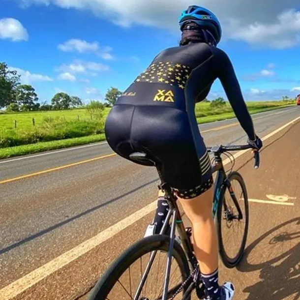 Women's Cycling Jersey with Shorts Triathlon Tri Suit Long Sleeve Mountain Bike MTB Road Bike Cycling Winter Black Orange Red Patchwork Bike Clothing Suit Breathable Quick Dry Back Pocket Sweat