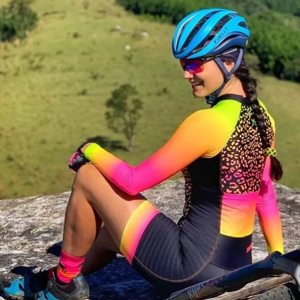 Women's Cycling Jersey with Shorts Triathlon Tri Suit Long Sleeve Mountain Bike MTB Road Bike Cycling Winter Black Orange Red Patchwork Bike Clothing Suit Breathable Quick Dry Back Pocket Sweat