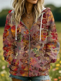 Women's 3D Print Zip Up Hoodies Floral Graphic Fashion Casual Long Sleeve Hooded Regular Tops Street Dailywear Patchwork Zipper Pocket Red Blue Purple Fuchsia Green Spring Fall