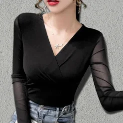 Women's Daily Top Latin Dance Ballroom Dance Top Ruching Pure Color Splicing Women's Performance Training Long Sleeve Polyester