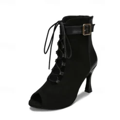 Women's Dance Boots Professional Ballroom Dance Fashion Boots Fur Lined Lace Up Party / Evening Stylish Lace-up Splicing Vintage Cuban Heel Peep Toe Zipper Lace-up Adults' Black