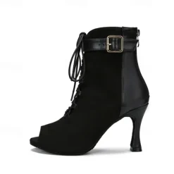 Women's Dance Boots Professional Ballroom Dance Fashion Boots Fur Lined Lace Up Party / Evening Stylish Lace-up Splicing Vintage Cuban Heel Peep Toe Zipper Lace-up Adults' Black