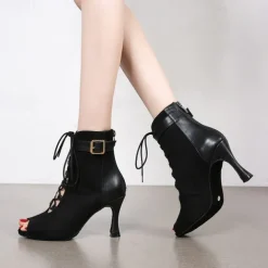 Women's Dance Boots Professional Ballroom Dance Fashion Boots Fur Lined Lace Up Party / Evening Stylish Lace-up Splicing Vintage Cuban Heel Peep Toe Zipper Lace-up Adults' Black