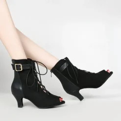 Women's Dance Boots Professional Ballroom Dance Fashion Boots Fur Lined Lace Up Party / Evening Stylish Lace-up Splicing Vintage Cuban Heel Peep Toe Zipper Lace-up Adults' Black