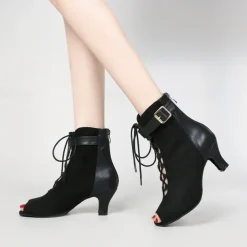 Women's Dance Boots Professional Ballroom Dance Fashion Boots Fur Lined Lace Up Party / Evening Stylish Lace-up Splicing Vintage Cuban Heel Peep Toe Zipper Lace-up Adults' Black