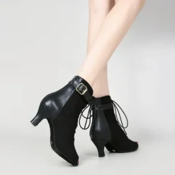 Women's Dance Boots Professional Ballroom Dance Fashion Boots Fur Lined Lace Up Party / Evening Stylish Lace-up Splicing Vintage Cuban Heel Peep Toe Zipper Lace-up Adults' Black