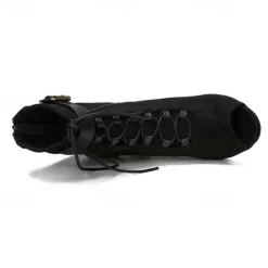 Women's Dance Boots Professional Ballroom Dance Fashion Boots Fur Lined Lace Up Party / Evening Stylish Lace-up Splicing Vintage Cuban Heel Peep Toe Zipper Lace-up Adults' Black