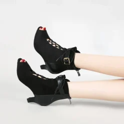 Women's Dance Boots Professional Ballroom Dance Fashion Boots Fur Lined Lace Up Party / Evening Stylish Lace-up Splicing Vintage Cuban Heel Peep Toe Zipper Lace-up Adults' Black