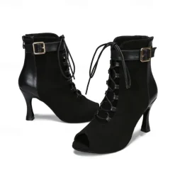 Women's Dance Boots Professional Ballroom Dance Fashion Boots Fur Lined Lace Up Party / Evening Stylish Lace-up Splicing Vintage Cuban Heel Peep Toe Zipper Lace-up Adults' Black