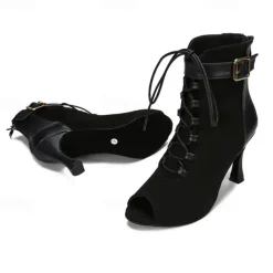 Women's Dance Boots Professional Ballroom Dance Fashion Boots Fur Lined Lace Up Party / Evening Stylish Lace-up Splicing Vintage Cuban Heel Peep Toe Zipper Lace-up Adults' Black