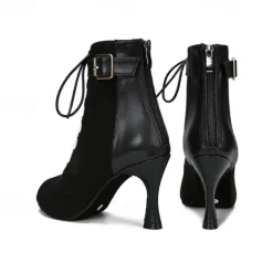 Women's Dance Boots Professional Ballroom Dance Fashion Boots Fur Lined Lace Up Party / Evening Stylish Lace-up Splicing Vintage Cuban Heel Peep Toe Zipper Lace-up Adults' Black