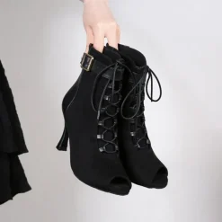 Women's Dance Boots Professional Ballroom Dance Fashion Boots Fur Lined Lace Up Party / Evening Stylish Lace-up Splicing Vintage Cuban Heel Peep Toe Zipper Lace-up Adults' Black