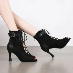Women's Dance Boots Professional Ballroom Dance Fashion Boots Fur Lined Lace Up Party / Evening Stylish Lace-up Splicing Vintage Cuban Heel Peep Toe Zipper Lace-up Adults' Black