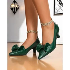 Women's Dark Green Bow Pointed Toe Heels – Patent Leather Mid Heels, Vintage-Inspired Style for Work, Parties and Dressy Occasions