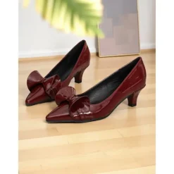 Women's Dark Green Bow Pointed Toe Heels – Patent Leather Mid Heels, Vintage-Inspired Style for Work, Parties and Dressy Occasions