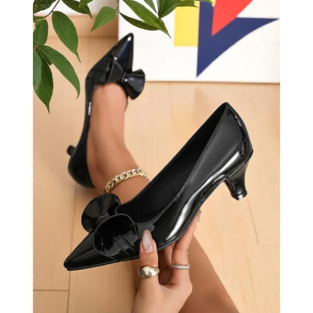 Women's Dark Green Bow Pointed Toe Heels – Patent Leather Mid Heels, Vintage-Inspired Style for Work, Parties and Dressy Occasions