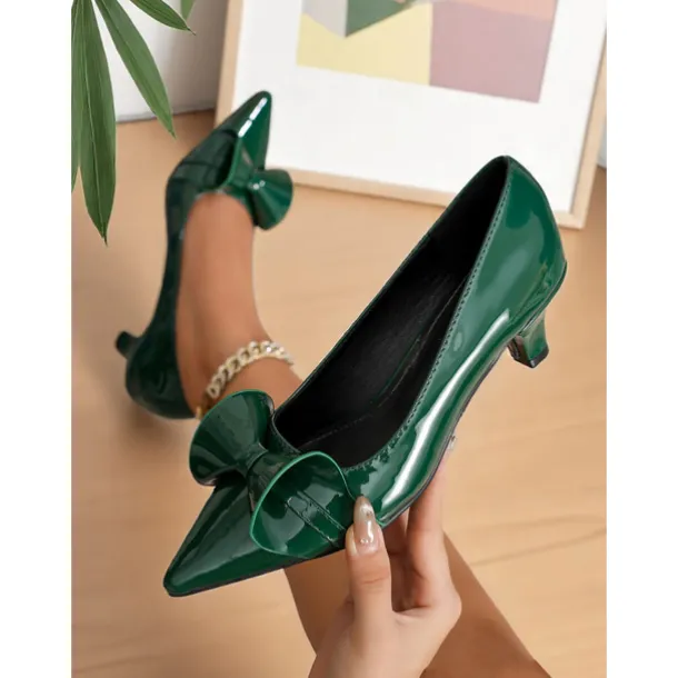 Women's Dark Green Bow Pointed Toe Heels – Patent Leather Mid Heels, Vintage-Inspired Style for Work, Parties and Dressy Occasions