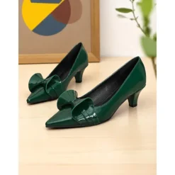 Women's Dark Green Bow Pointed Toe Heels – Patent Leather Mid Heels, Vintage-Inspired Style for Work, Parties and Dressy Occasions