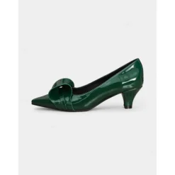 Women's Dark Green Bow Pointed Toe Heels – Patent Leather Mid Heels, Vintage-Inspired Style for Work, Parties and Dressy Occasions