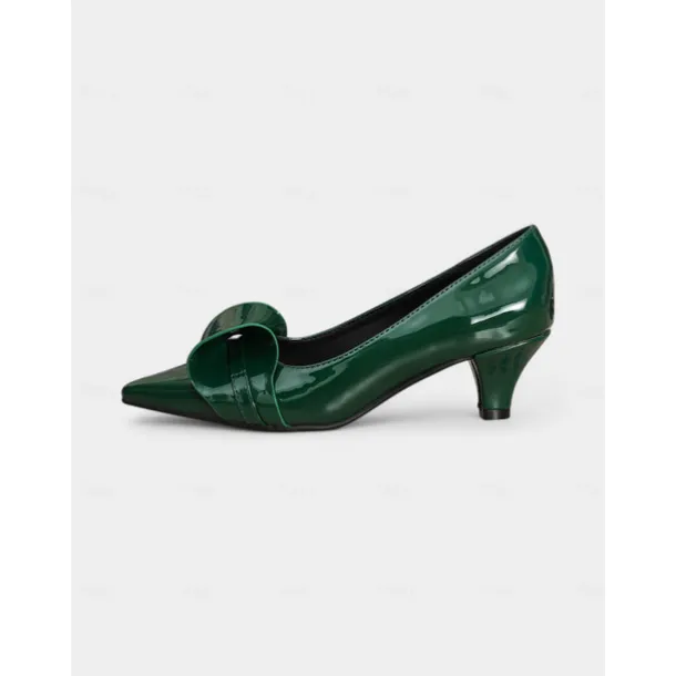 Women's Dark Green Bow Pointed Toe Heels – Patent Leather Mid Heels, Vintage-Inspired Style for Work, Parties and Dressy Occasions