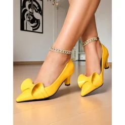 Women's Dark Green Bow Pointed Toe Heels – Patent Leather Mid Heels, Vintage-Inspired Style for Work, Parties and Dressy Occasions