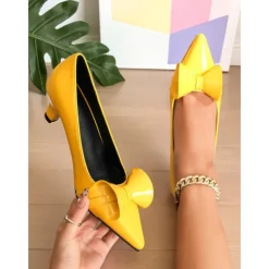 Women's Dark Green Bow Pointed Toe Heels – Patent Leather Mid Heels, Vintage-Inspired Style for Work, Parties and Dressy Occasions