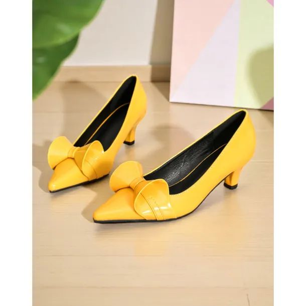 Women's Dark Green Bow Pointed Toe Heels – Patent Leather Mid Heels, Vintage-Inspired Style for Work, Parties and Dressy Occasions