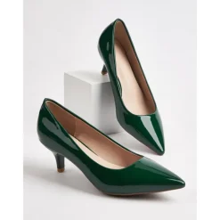 Women's Dark Green Patent Leather Pointed-Toe Kitten Heels - Classic 1950s Elegant Office Pumps for Ladies, Ideal for Workwear, Interviews, and Formal Events