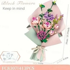 Women's Day Gifts 413pcs Building Blocks Bouquet Set Gift Wrapping Paper Birthday Gift Can Decorate Bedroom Living Room Office Vase Not Included Mother's Day Gifts for MoM