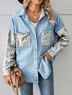 Women's Denim Jacket Outdoor Street Daily Wear Fall Winter Regular Coat Regular Fit Breathable Stylish Casual Jacket Long Sleeve Leopard with Pockets Print Black White Blue