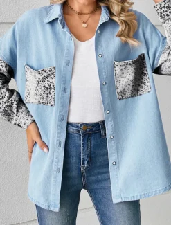 Women's Denim Jacket Outdoor Street Daily Wear Fall Winter Regular Coat Regular Fit Breathable Stylish Casual Jacket Long Sleeve Leopard with Pockets Print Black White Blue