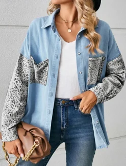 Women's Denim Jacket Outdoor Street Daily Wear Fall Winter Regular Coat Regular Fit Breathable Stylish Casual Jacket Long Sleeve Leopard with Pockets Print Black White Blue
