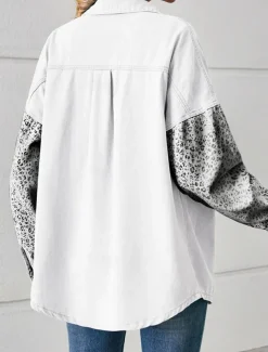 Women's Denim Jacket Outdoor Street Daily Wear Fall Winter Regular Coat Regular Fit Breathable Stylish Casual Jacket Long Sleeve Leopard with Pockets Print Black White Blue