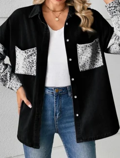 Women's Denim Jacket Outdoor Street Daily Wear Fall Winter Regular Coat Regular Fit Breathable Stylish Casual Jacket Long Sleeve Leopard with Pockets Print Black White Blue