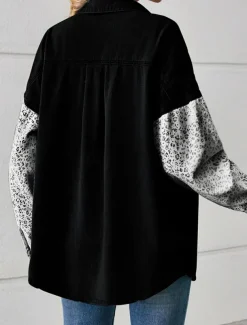 Women's Denim Jacket Outdoor Street Daily Wear Fall Winter Regular Coat Regular Fit Breathable Stylish Casual Jacket Long Sleeve Leopard with Pockets Print Black White Blue