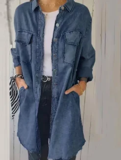 Women's Denim Jacket Outdoor Street Daily Wear Fall Winter Long Coat Regular Fit Thermal Warm Breathable Stylish Casual Jacket Long Sleeve Solid Color with Pockets Light Blue Navy Blue Dark Gray