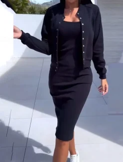 Women's Dress Set Casual Dress Skirt Set Casual Plain Buttons Midi Dress Long Sleeve Strap Outdoor Daily Black Fuchsia Gray Fall Winter Regular Fit